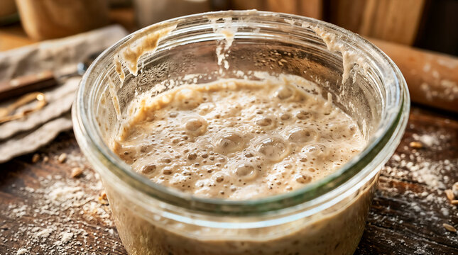 Bubbly active sourdough starter fermenting in a glass jar on a rustic wooden table