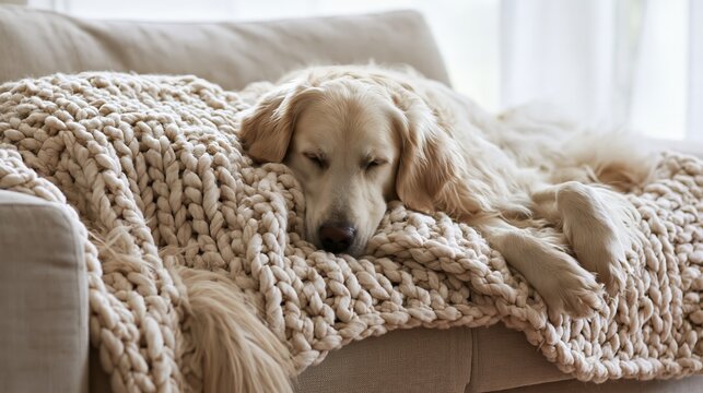 Golden retriever sleeping on sofa with chunky knit blanket in cozy winter setting