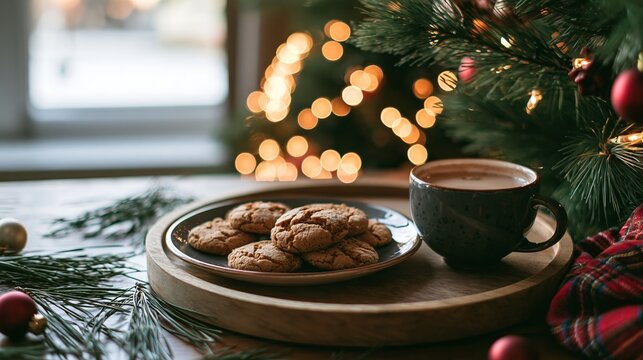 Winter cozy scene with gingerbread cookies and hot chocolate on a wooden tray near Christmas tree lights