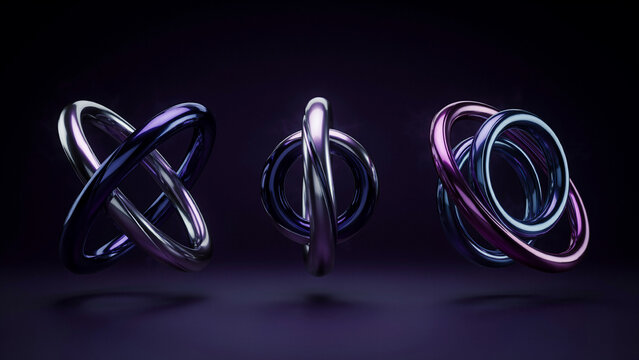 Three complex metallic ring structures with iridescent blue and purple finishes floating against a dark, moody, and atmospheric background space