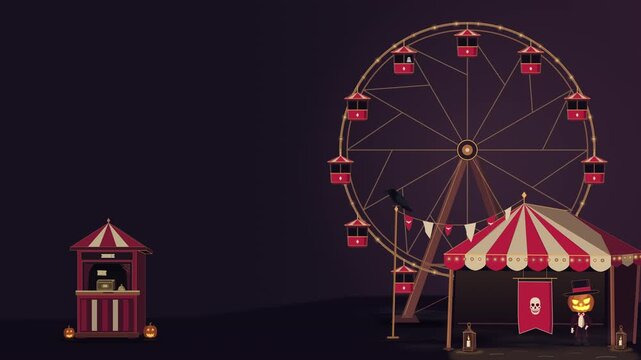Halloween Carnival Ferris Wheel with Raven and Pumpkin on Seamless Loop