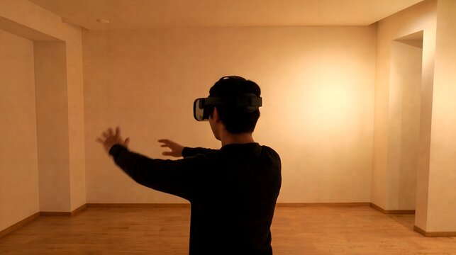 Immersive Virtual Reality Experience Man Exploring Digital World in Private Setting