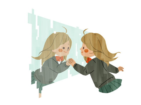 デジタル上の自分と向き合う女子生徒-ガッシュ