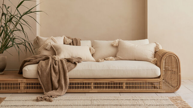 Rattan sofa with linen cushions and wool throw in warm neutral bohemian living room