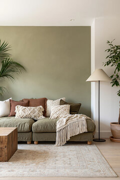 Boho living room with olive sectional, macrame cushions and sage wall decor
