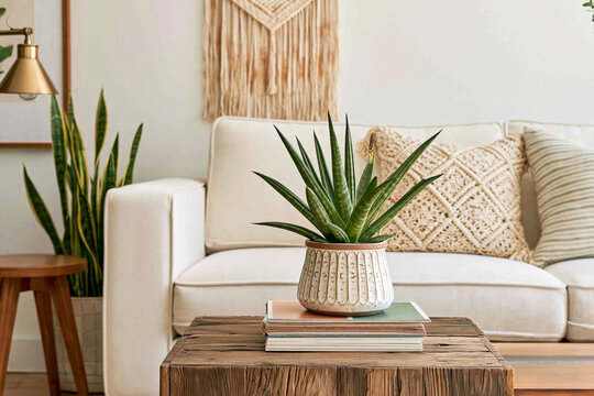 Potted Succulent and Books on Rustic Coffee Table in Bohemian Living Room