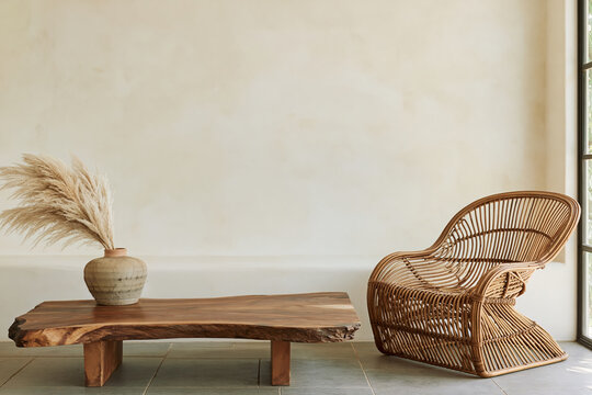Boho living room with rattan armchair, live edge table, and pampas arrangement