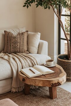 Open Journal and Coffee on Burl Wood Table in Cozy Boho Living Room
