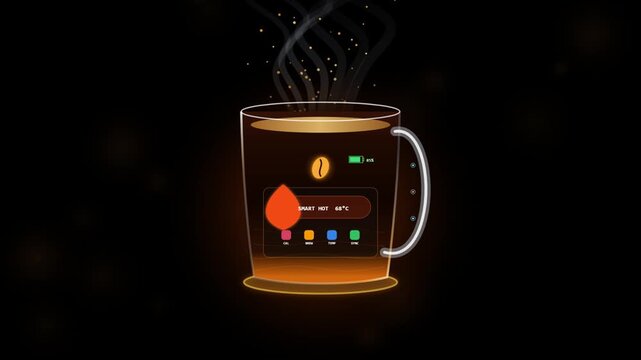 Futuristic smart coffee mug with digital temperature display and battery indicator on black background