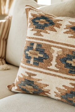 Hand Woven Geometric Cushion with Blue and Brown Kilim Pattern on Sofa