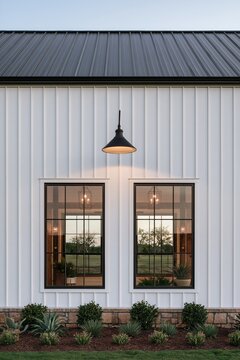 Black iron wall sconce illuminating barndominium facade with factory windows at dusk