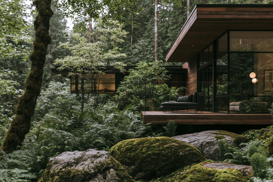 Modern Forest House with Glass Walls, Deck and Mossy Boulders in Woodland Setting