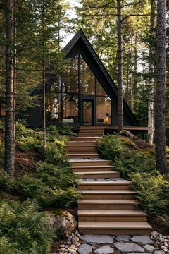 Black A frame house with glass facade, wooden stairs, and forest surroundings