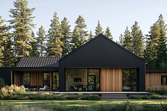 Modern black and cedar family home surrounded by pines in a forest setting