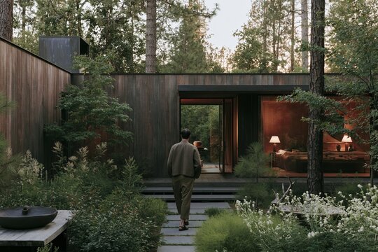 Man Walking Toward Forest Retreat Home Entrance Through Garden Pathway