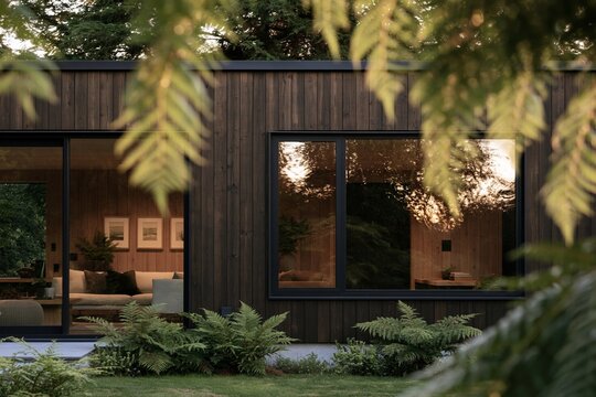 Charred wood modern cabin framed by soft fern foliage in warm evening light