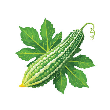 Fresh bitter melon vegetable with green leaves isolated on white background