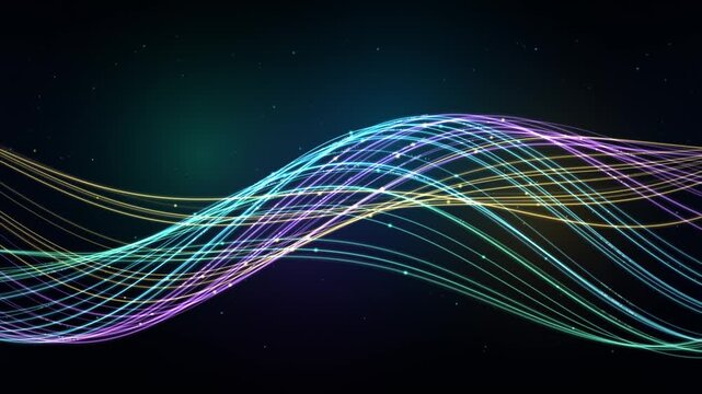 Abstract digital data stream featuring glowing fiber-optic light ribbons and flowing financial numbers weaving into an undulating wave across a dark c.