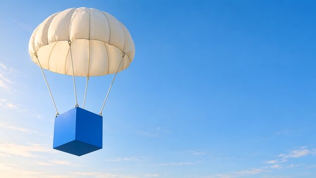 Blue cube package delivery by parachute in the sky