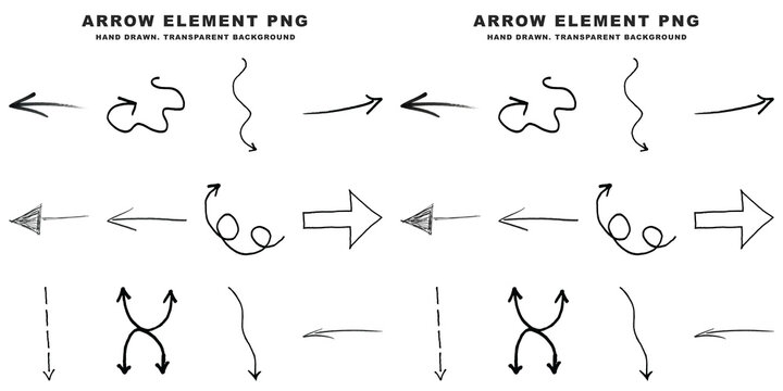 Hand drawn arrow set isolated on transparent background featuring various doodle style directional pointers for creative graphic design projects