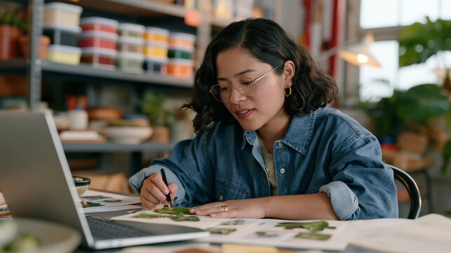 A color analyst improvises a personal seasonal palette assessment using foraged natural swatches in an industrial garage space, a solo focused expression of concentration visible,