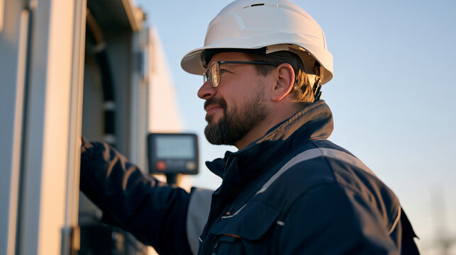 Power grid management technician peering through a narrow switchgear panel opening, a voltage measuring instrument reading visible mid frame, golden hour light catching sweat and