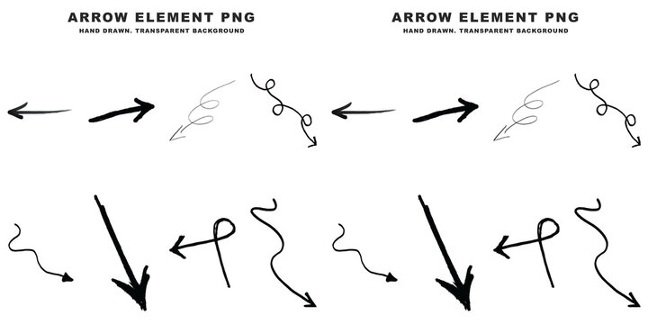 Hand drawn arrow set isolated on transparent background featuring various sketch style pointers for creative digital design layout projects