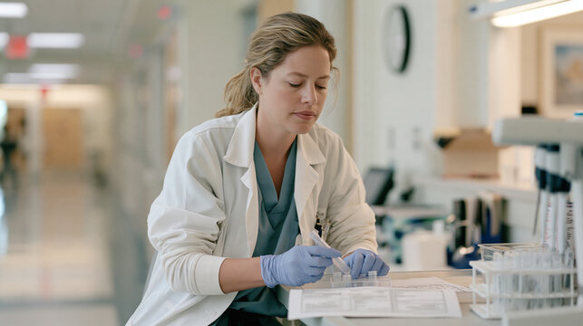 A phlebotomy technician pausing mid draw in an empty clinical corridor, a strong shadow cast diagonally across the workstation surface, a resume layout printout visible beneath