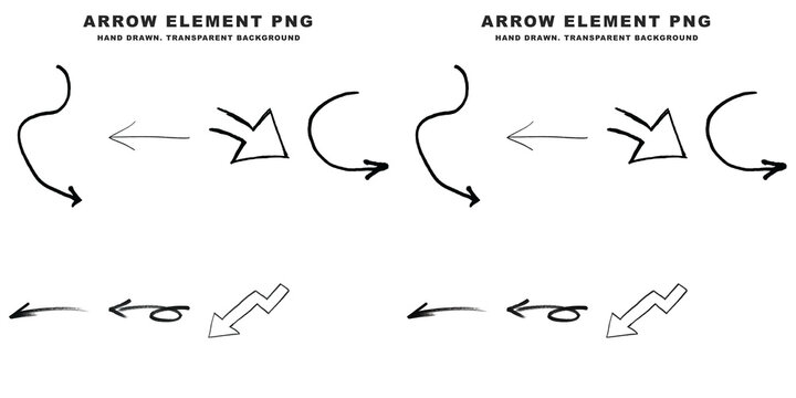 Hand drawn arrow elements set isolated on transparent background featuring various sketch style pointers for creative digital design projects