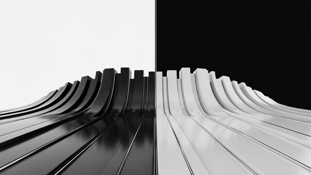 Wavy parallel lines forming a curved surface, split into black and white sections, creating a smooth 3d rendered abstract geometric background