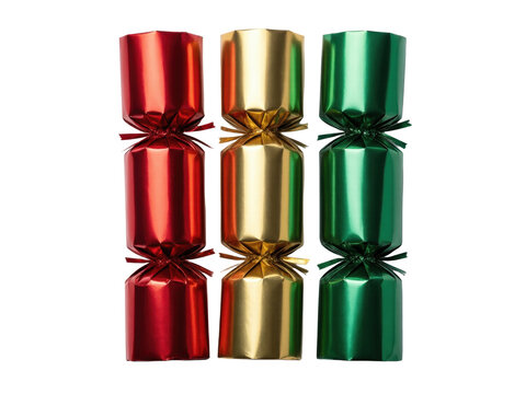 Red gold and green Christmas crackers, isolated on transparent background