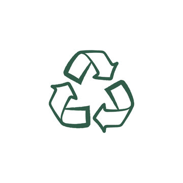 Hand drawn recycling symbol with three curved arrows representing waste reduction, material reuse and environmental sustainability. Green line art illustration isolated on white background.