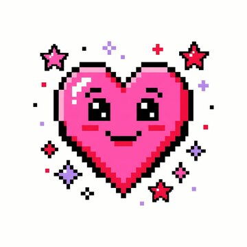 Cute pink pixel art heart character with a happy smiling face surrounded by colorful glowing shiny stars