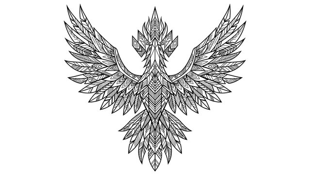 
Tribal phoenix bird with outstretched wings and geometric feather pattern