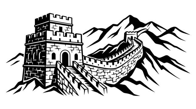 Black and white vector illustration of the Great Wall of China featuring a stone watchtower and winding walls along a mountain ridge, isolated on a white background for travel and history themes.
