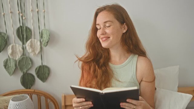 Woman holding and reading a book on bed, hands visible, relaxed smile, bedside macrame wall hanging and lamp in a building; calm.