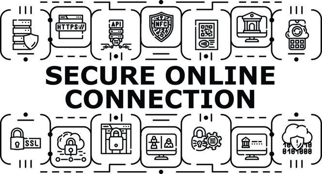 Secure online connection banner infographic. Sandbox privacy, proxy shield, identity authentication icon vector illustration