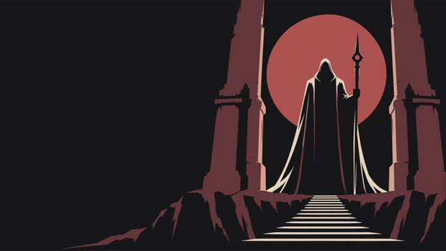Hooded Dark Guardian with Staff Beneath Red Moon and Gothic Towers &ndash; Halloween Fantasy
