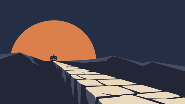 Halloween Pumpkin on Cracked Stone Path Beneath Giant Orange Moon