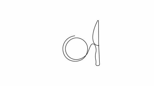 Line art animation video featuring a fork, plate, and knife being outlined with continuous strokes in 4k resolution.