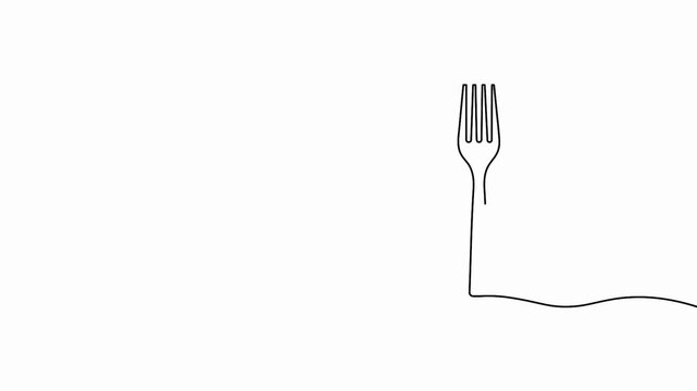Line art animation video featuring a fork, plate, and knife being outlined with continuous strokes in 4k resolution.