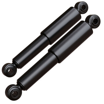 Two car shock absorbers with circular mounting eyes and cylindrical bodies, isolated on white transparent