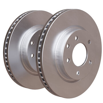 Two ventilated car brake discs with smooth metallic faces and mounting holes overlap at an angle, isolated on white transparent
