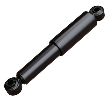 A car shock absorber with a cylindrical metal body and round mounting eyes lies diagonally, isolated on white transparent canvas