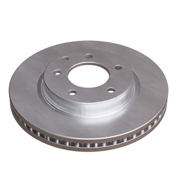 A ventilated car brake disc with mounting holes and a machined metal surface isolated on white transparent