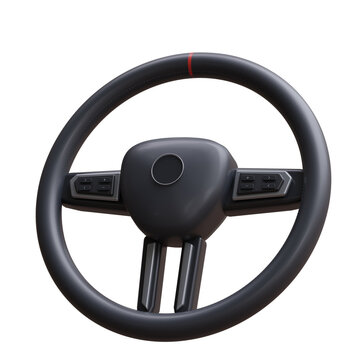 A stitched black leather steering wheel with silver trim, buttons, and a red alignment stripe isolated on white transparent