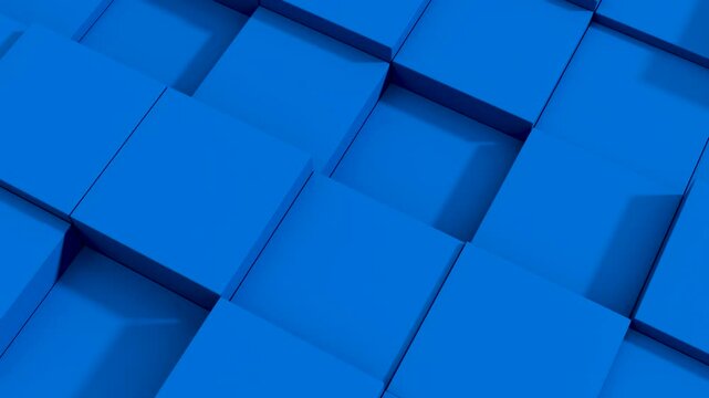 Seamless looping 3D animation of blue geometric cubes moving up and down in a rhythmic pattern. Abstract background for technology, motion graphics and digital design.
