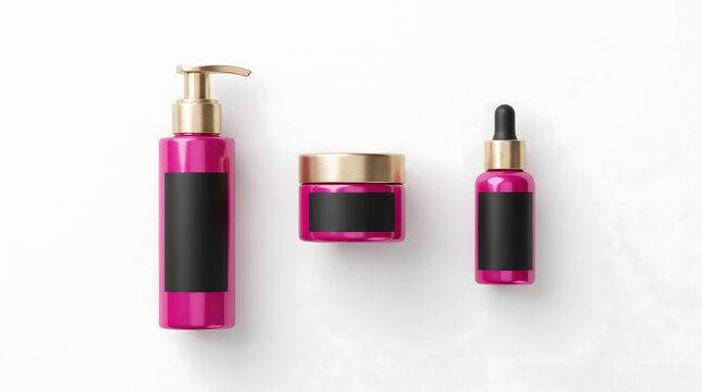 A set of three modern cosmetic containers, including a pump bottle, a dropper bottle, and a jar, all in a vibrant magenta color with elegant gold accents and blank black labels for branding. Isolat...