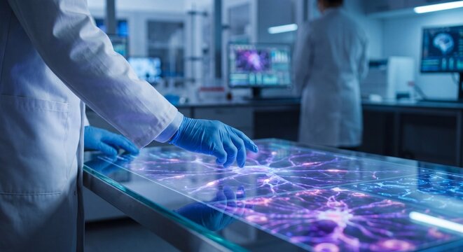 Scientist in lab coat using a digital touch screen table to analyze a neural network visualization with scientist wearing protective protective gloves examines
