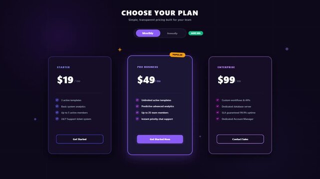 Pricing plan web interface switching between monthly and annual billing options